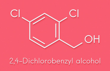 2,4-dichlorobenzyl alcohol antiseptic drug molecule. Used in lozenges to treat sore throat. Skeletal formula.