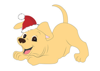 Cheerful puppy in a Santa Claus hat