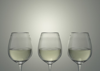 3d rendering. Luxury white wine glasses row with gradient gray copy space background