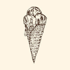 Ice cream in waffle cone, hand drawn doodle, sketch in pop art style, vector color illustration