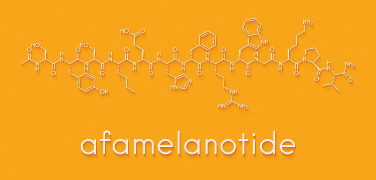 Afamelanotide (melanotan-1) photoprotective drug molecule. Skeletal formula.