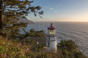 Heceta Head Lighthouse at sunset, Pacific coast, built in 1892, Oregon USA