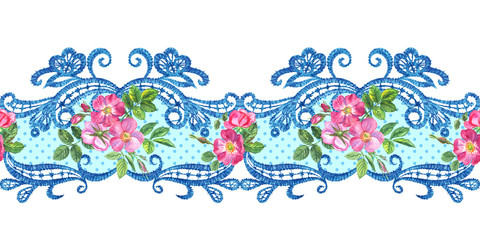 Fototapeta premium Seamless border of rose hips and lace, watercolor painting.