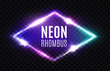 Night Club Neon Rhomb. 3d Retro Light Lozenge Sign With Neon Effect. Techno Rhombus Background. Glowing Brill Frame On Transparent Backdrop. Electric Street Diamond. Vector Illustration in 80s Style.