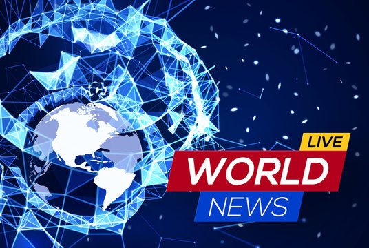 Breaking News Banner on Blue Glowing Plexus Structure Background with Earth Planet America Flares, Particles. World News on Abstract Geometric Network with American map. Technology Vector Illustration