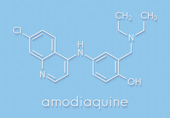 Amodiaquine anti-malarial drug molecule. Skeletal formula.