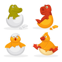 Baby animals hatch eggs or cartoon pets hatching. Vector flat isolated funny toy icons