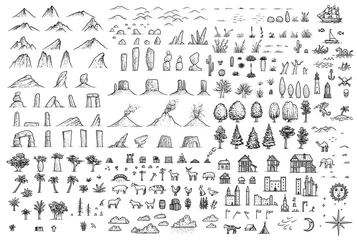 Fantasy map elements illustration, drawing, engraving, ink, line art, vector © jenesesimre