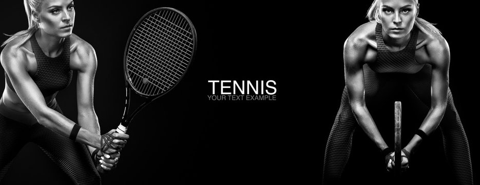 Sport concept. Sports woman tennis player with a racket. Copy space. Black and white photo. Tennis poster.