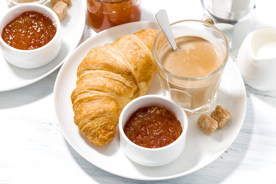 coffee with milk and croissants with jam for breakfast, top view