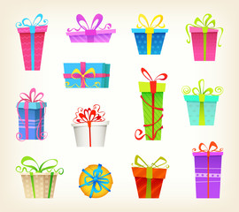 Gift boxes set. Collection of different shapes of present. Flat design illustration.
