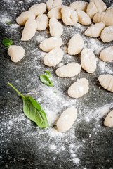 Raw uncooked homemade potato gnocchi with flour, grated parmesan cheese, basil and pesto sauce. On concrete grey background, copy space