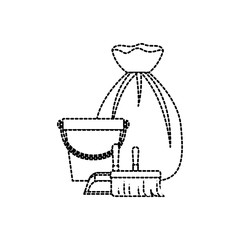 bucket and dustpan and broom and garbage bag in monochrome dotted silhouette