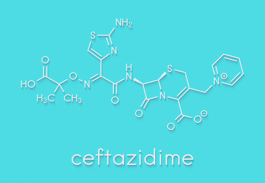 Ceftazidime cephalosporin antibiotic drug molecule. Skeletal formula.