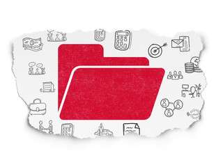 Finance concept: Painted red Folder icon on Torn Paper background with  Hand Drawn Business Icons
