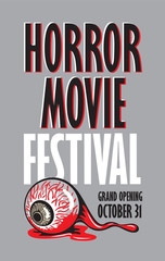 Fototapeta premium Vector banner for festival horror movie. Torn human eye in a pool of blood. Scary movie promotional print. Can be used for advertising, banner, flyer, web design