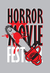 Fototapeta premium Vector banner for festival horror movie. A bloody chainsaw and blood spatter. Scary movie promotional print. Can be used for advertising, banner, flyer, web design