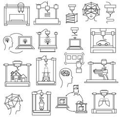 Line icons set of 3D printing, 3D modeling