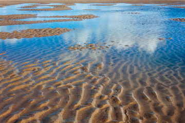 A blue sky is reflected in shallow tidal pools at De Haan, Belgium.