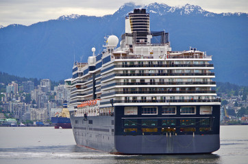 Holland America Line HAL luxury cruise ship or cruiseship liner in port of Vanouver, Canada with...