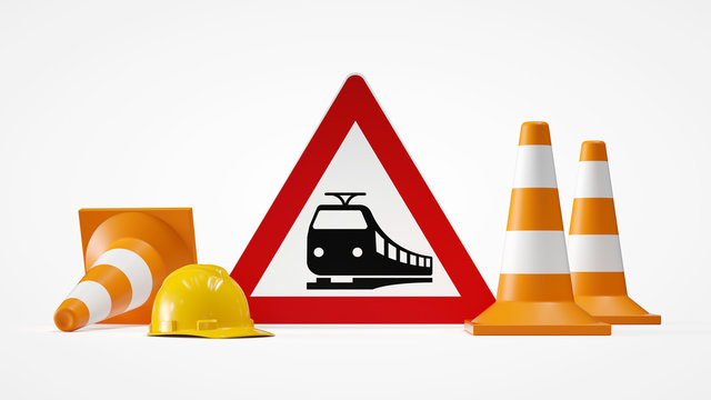train sign with traffic cones 3d rendering