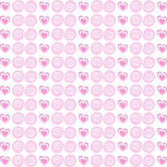 Cute seamless pattern with rose cartoon hearts and spirals on white background. Vector illustration, template.