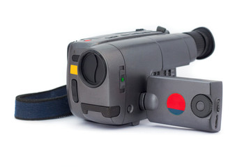 Digital MiniDV camcorder on white background .