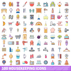 100 housekeeping icons set, cartoon style 