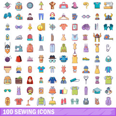 100 sewing icons set, cartoon style 