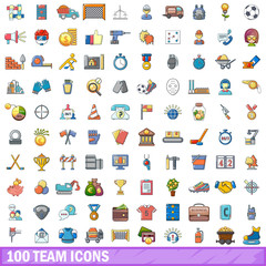 100 team icons set, cartoon style 