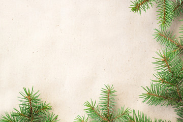 fir branches border on light rustic background, good for christmas backdrop