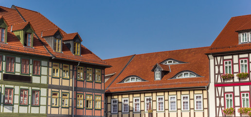 Panorama of colorful half-timbered houses at the market square of Wernigerode