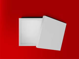 White open empty squares cardboard box on red background top view. Mockup template for design products, package, branding, advertising. Vector illustration.