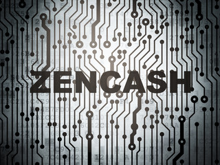 Cryptocurrency concept: circuit board with  word Zencash, 3D rendering