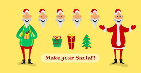 Santa Claus character creation set. Full length, different views, emotions, gestures, isolated against white background. Build your own design. Cartoon flat-style vector illustration
