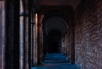 A fence casts shadows on a wall among gothic arches. Oxford, UK.