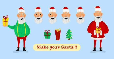 Santa Claus character creation set. Full length, different views, emotions, gestures, isolated against white background. Build your own design. Cartoon flat-style vector illustration