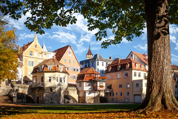 Esslingen Germany view of historic medieval town center Innere Brücke - obrazy, fototapety, plakaty