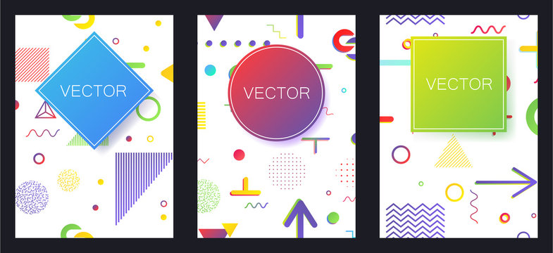 Covers with minimal design. Memphis geometric backgrounds. Banners, Placards, Posters, Flyers in retro 80s, 90s style. Eps10 vector