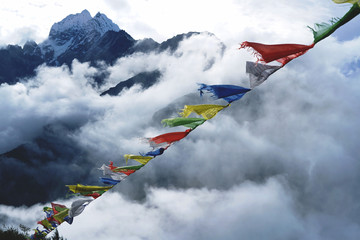 Close up of Prayer Flags on Himalayan Mountain Sky, Everest Base Camp Trek From Namche Bazaar to Tengboche , Nepal
