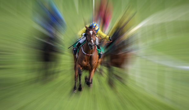 Race horses and jockeys competing, extreme motion blur zoom effect