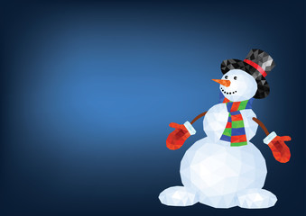 Polygonal Snowman in red mittens and striped scarf