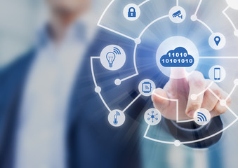 Internet of Things (IoT) technology, network of connected icons, businessman