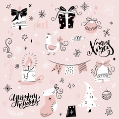 vector set of christmas hand drawn decorative elements and characters - gift, sock, fir-tree and hand lettering