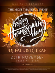 Vector illustration of thanksgiving party poster with hand lettering label - thanksgiving - with yellow autumn doodle leaves and realistic maple leaves - 178943363
