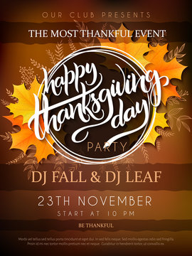 Vector illustration of thanksgiving party poster with hand lettering label - thanksgiving - with yellow autumn doodle leaves and realistic maple leaves