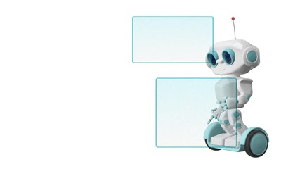 3D Animation Robot on Scooter and Blue Screens and Alpha Channel looped Video on a Transparent Background