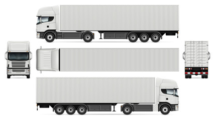 Vector truck with container template for advertising, corporate identity. White semi-trailer truck illustration. Vehicle branding mockup. Layers and groups well organized for easy editing and recolor.