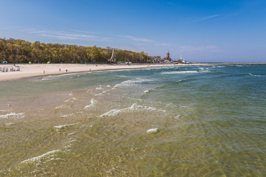 Baltic seashore seen from pier in Kolobrzeg, Poland