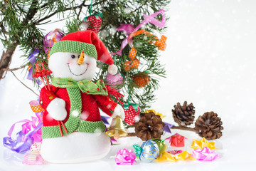 Snow man, Christmas tree background and Christmas decorations with snow, blurred, Happy New Year and Xmas theme